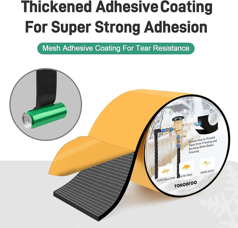 TOHONFOO Pipe Insulation Tape, Foam Insulation Tape for Outdoor Pipes Winter Freeze Protection, Foam Pipe Insulation Wrap, Heat Tape for Water Pipes, Copper Pipes, PVC, AC Line, 5in x 15ft, Black - Image 2